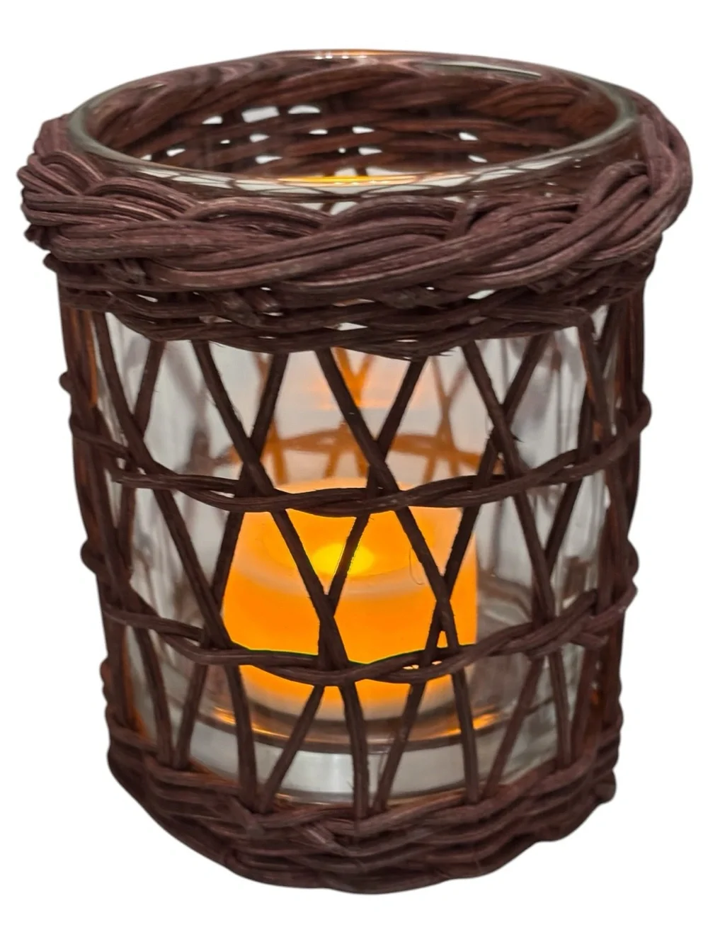 Vintage Rustic Brown Wicker Glass Tea Light Votive Candle Holder Coastal Boho